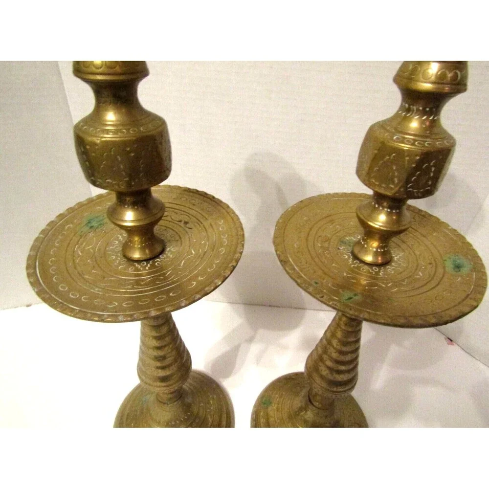 Moroccan Candle Holders Vintage 1950s Solid Brass Mid Century Set Pair Etched